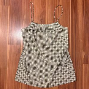 j crew spaghetti strap top with ruffle and geometric lime green pattern